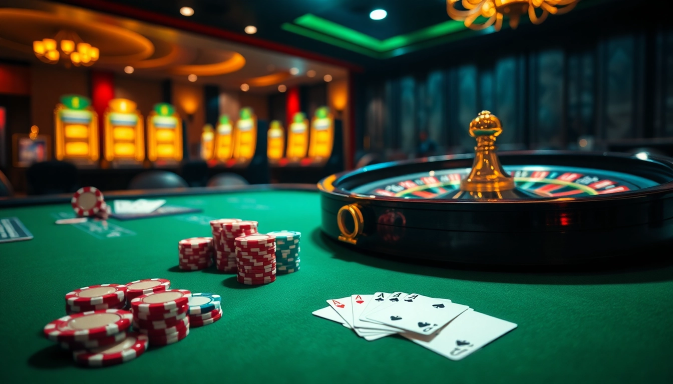 Des joueurs profitant de jeux palpitants dans une atmosphère de casino en ligne luxueuse avec des tables vibrantes et des machines à sous.
