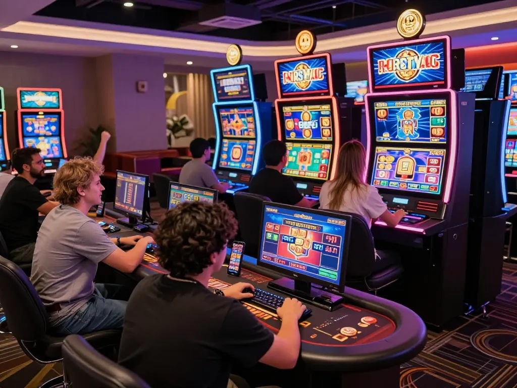 Engaging wraungtoto online gambling scene with vibrant casino action, players at interactive slot machines, colorful screens, and exciting atmosphere.