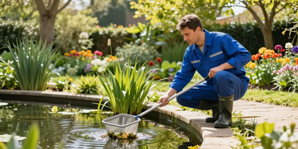 Pond Cleaning London expert removing debris from a beautiful garden pond in bright sunlight.
