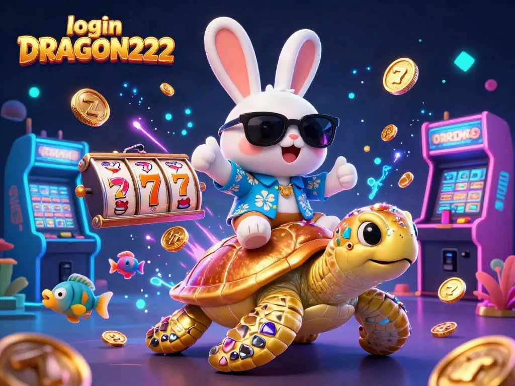 Engage with the vibrant world of slots at login DRAGON222, featuring a playful rabbit and turtle in a casino scene.
