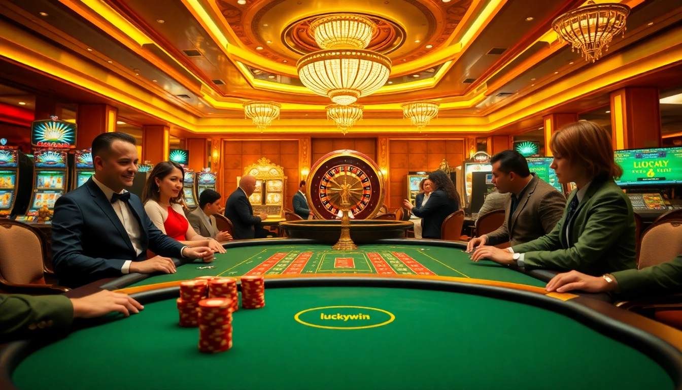 Experience the thrill of betting at https://luckywin.fan/ with vibrant casino visuals featuring tables and enthusiastic players.