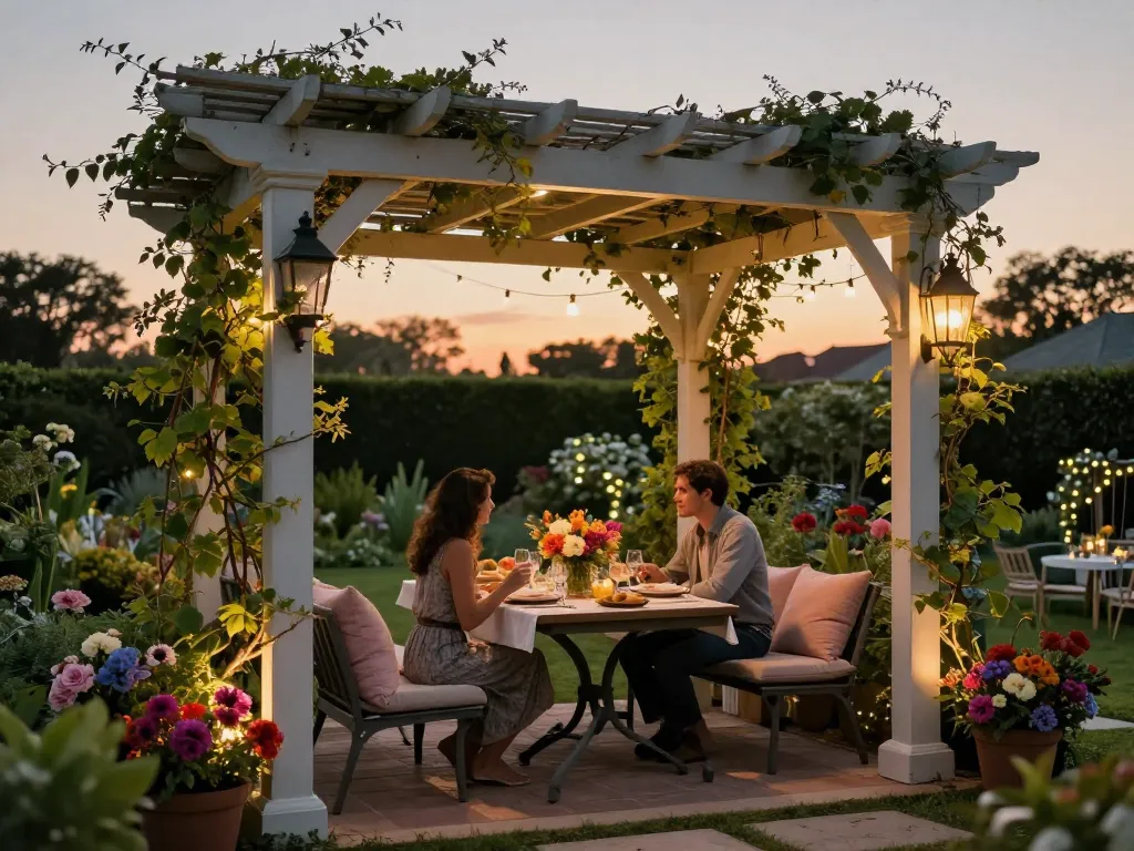 3D pergola in a stunning garden setting with a couple dining under warm lights.
