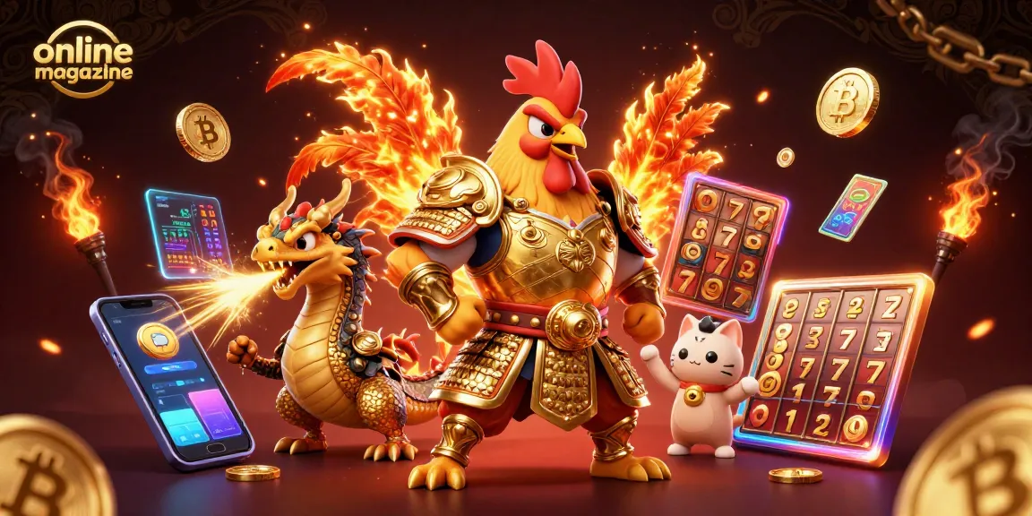 Powerful rooster warrior and dragon hatchling featured in an online magazine themed 3D digital casino scene.