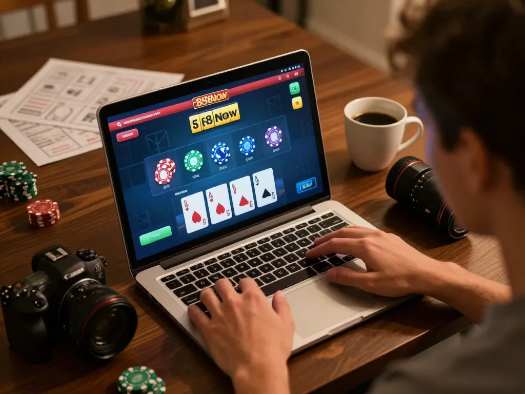 Engaging in online gambling on 888now đăng nhập with excitement during gameplay from a cozy home setup.