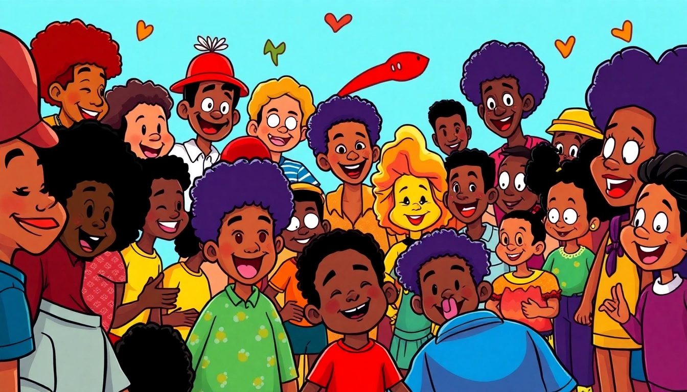 A lively scene with iconic African American cartoons showcasing diversity and creativity, highlighting black culture.