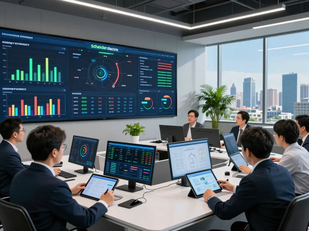 Schneider Electric engineer analyzing energy data in modern control room.