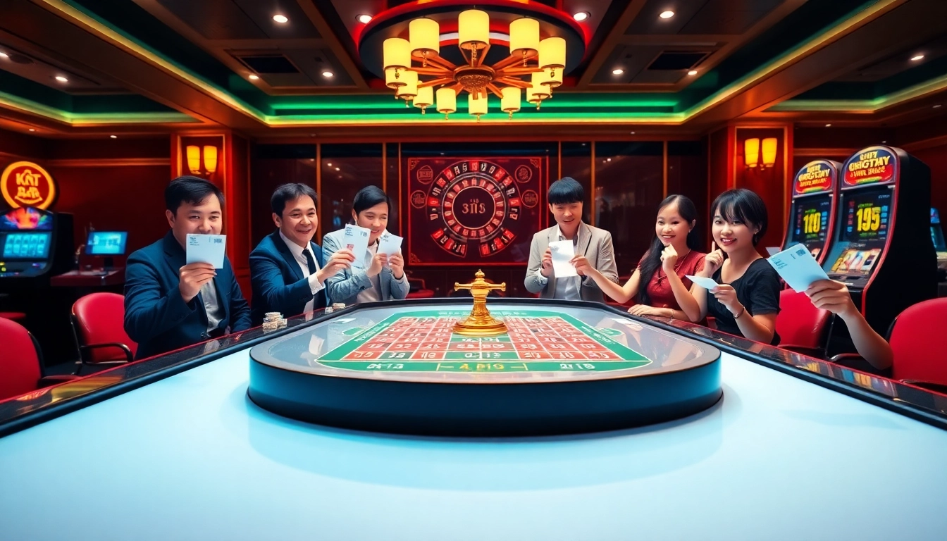 Kết quả xổ số at a bustling casino table with players eagerly checking their lottery tickets.