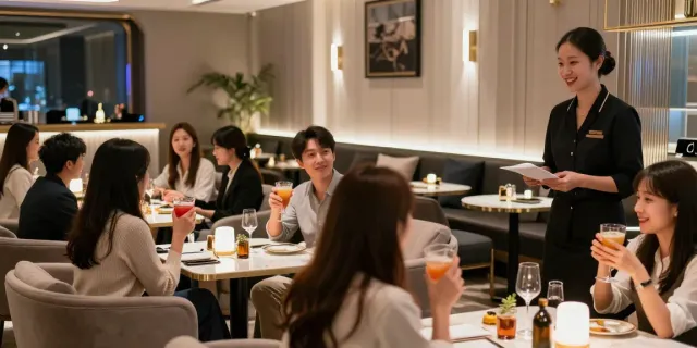 강남타이밍 쩜오에서 고급스러운 분위기의 룸 살롱 장면, 손님들을 환영하는 직원과 함께하는 모습