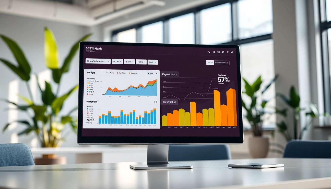 Visualize the SEO Rank Tracker analytics on a modern computer screen, highlighting key metrics.