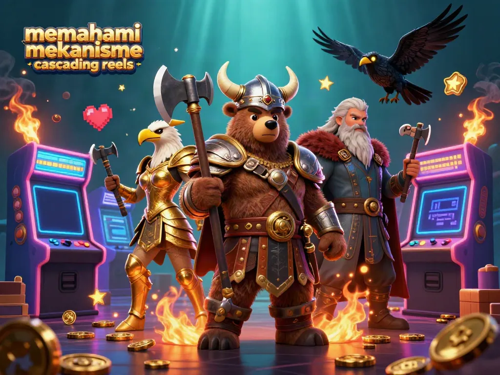 Menggali memahami mekanisme cascading reels dalam ilustrasi 3D dengan simbol slot dan nuansa kasino.