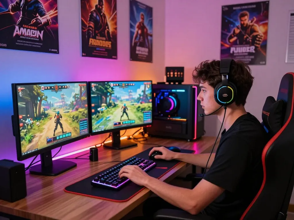 Engaged gamer playing a porn game online in a vibrant gaming setup with multiple screens and RGB lighting.