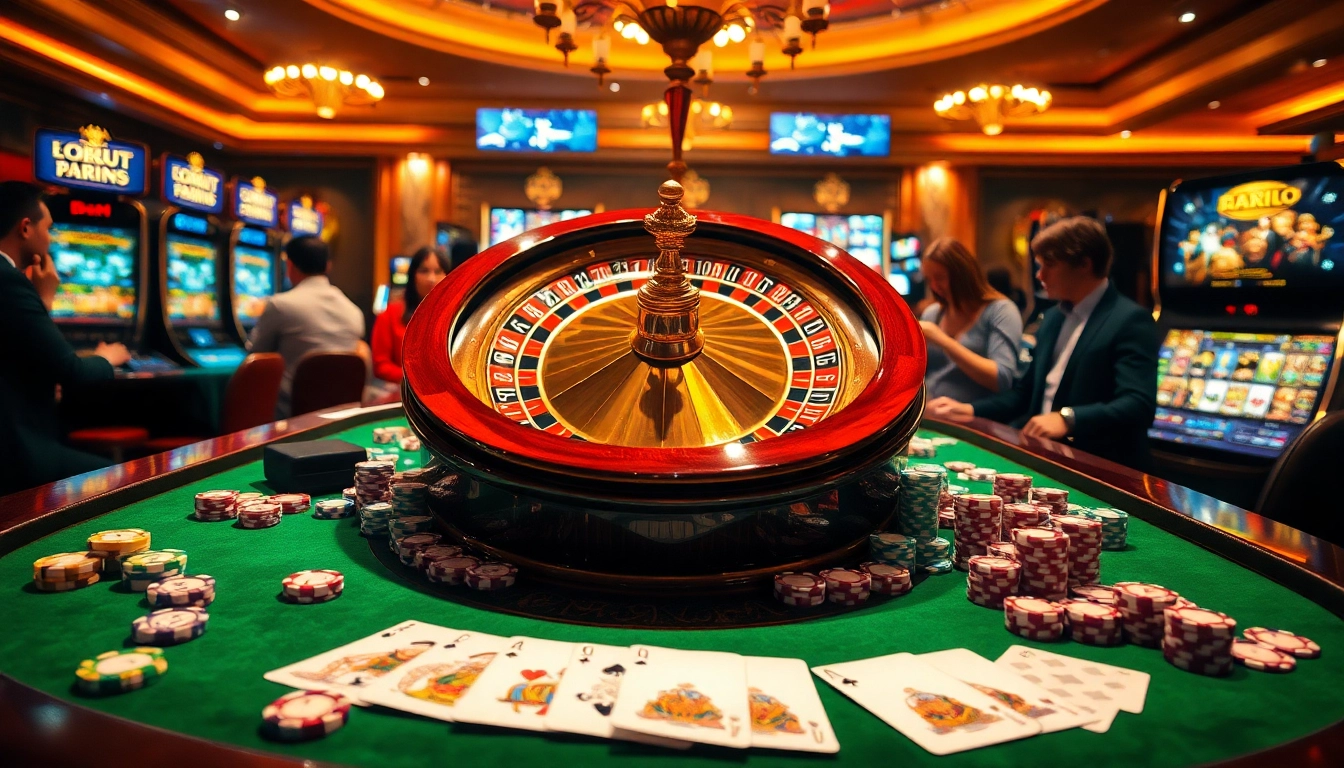 Découvrez l'excitation du casino en ligne avec une table de roulette vibrante remplie de jetons de poker et de cartes à jouer.