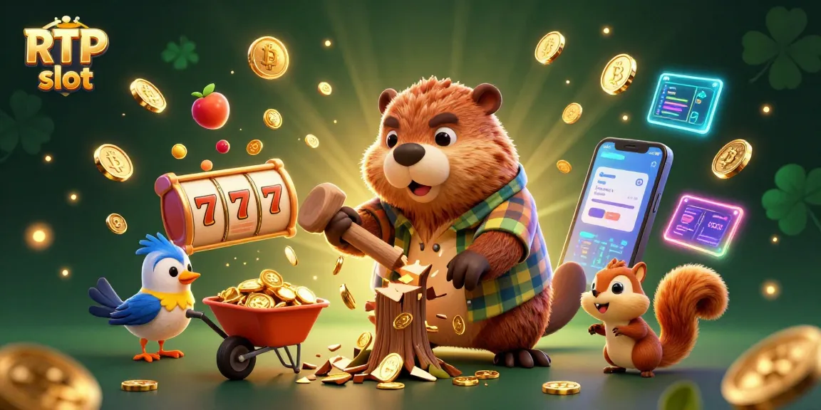 Experience thrilling RTP slot adventures with a playful lumberjack beaver surrounded by golden coins and casino symbols.