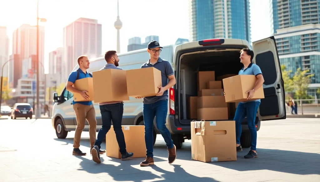 Efficient movers providing Toronto moving services while loading boxes in a vibrant urban setting.
