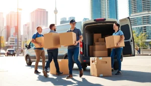 Efficient movers providing Toronto moving services while loading boxes in a vibrant urban setting.
