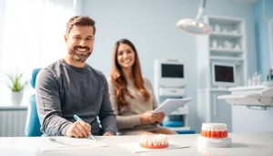 Dentist consulting with a patient in a modern dental office, promoting oral health care.