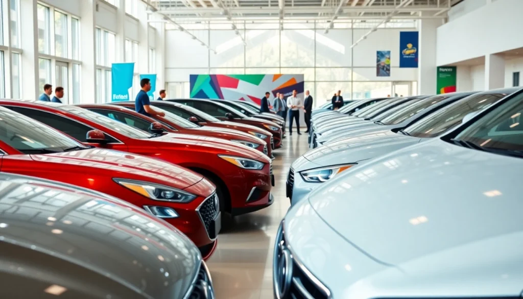 Buy a car in a bright dealership showcasing a variety of models and engaging customer interactions.