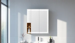 Spiegelschrank mit LED Beleuchtung im modernen Badezimmer-Design mit elegantem Licht.