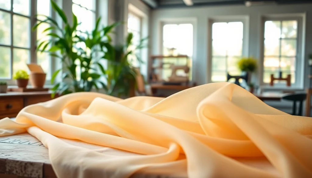 Mousseline stof in zachte kleuren met delicate textuur, perfect voor mode en decoratie.