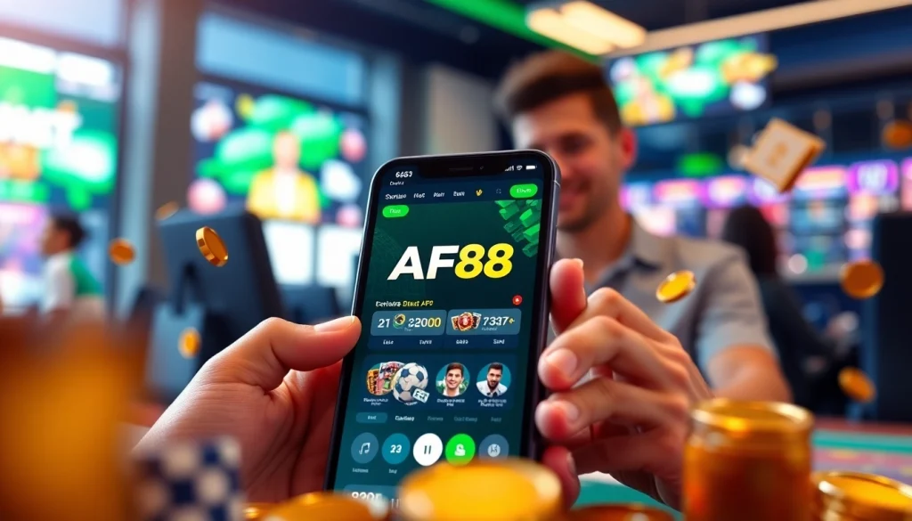 AF88 app showcased on a smartphone surrounded by casino elements, signifying trust and excitement in online betting.