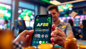 AF88 app showcased on a smartphone surrounded by casino elements, signifying trust and excitement in online betting.