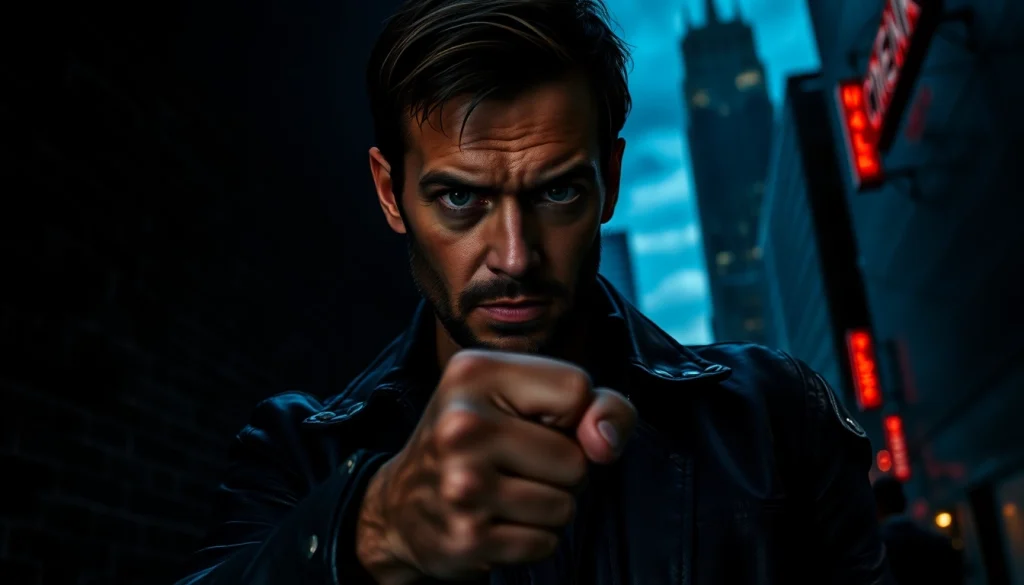 Protagonist similar to Jack Reacher series standing in an urban setting with a tense atmosphere.