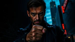 Protagonist similar to Jack Reacher series standing in an urban setting with a tense atmosphere.