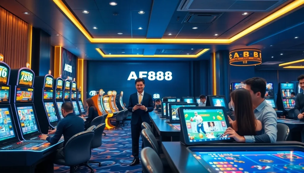 AF88 online betting casino scene with engaged players and customer support.