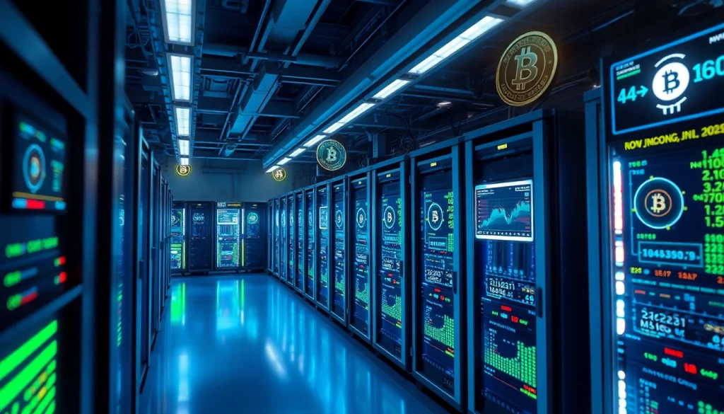 Explore the best crypto mining site with advanced mining rigs and vibrant digital currency displays in a modern setup.