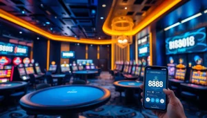 Experience the excitement of 888new in a modern online casino setting with vibrant gaming elements.