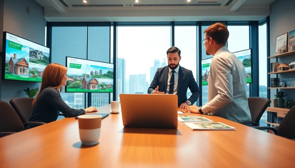 Real Estate agent discussing homes with clients in a modern office environment
