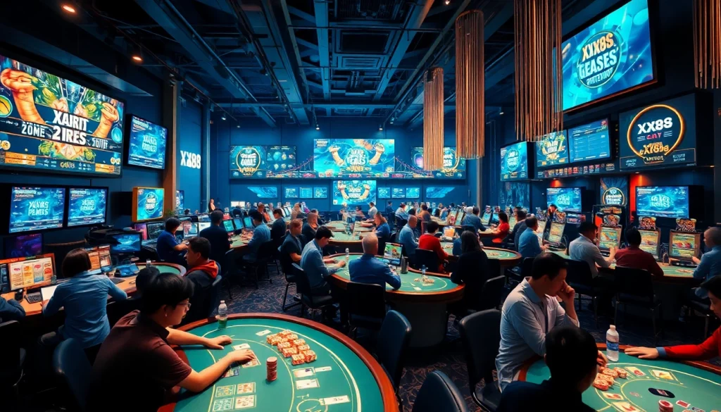 Engaging online gaming scene showcasing XX88's vibrant casino environment with players and digital displays.