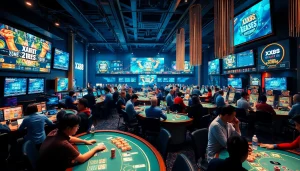 Engaging online gaming scene showcasing XX88's vibrant casino environment with players and digital displays.