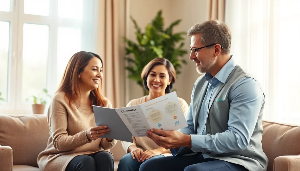 Discussing life insurance benefits in a modern office with a family and broker.