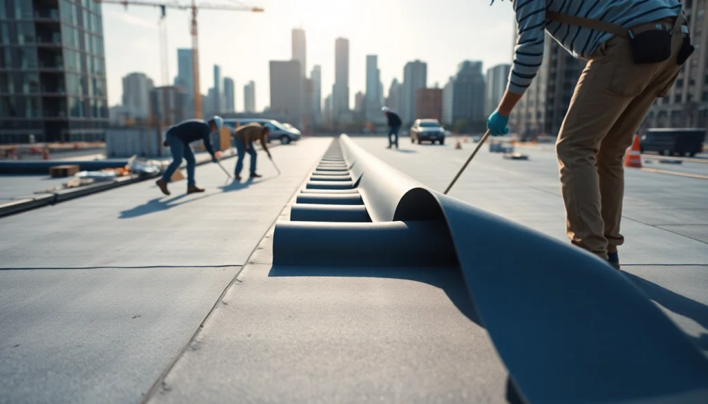 Showcasing commercial roofing services installation with skilled professionals at work.