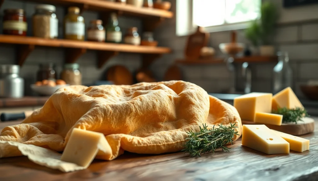 De kaasdoek ligt stijlvol op een houten keuken tafel met verse kaas en kruiden.