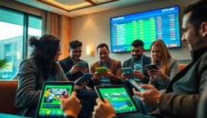 Explore best online sportsbooks India showcased in a lively betting lounge with diverse individuals engaging in sports bets.