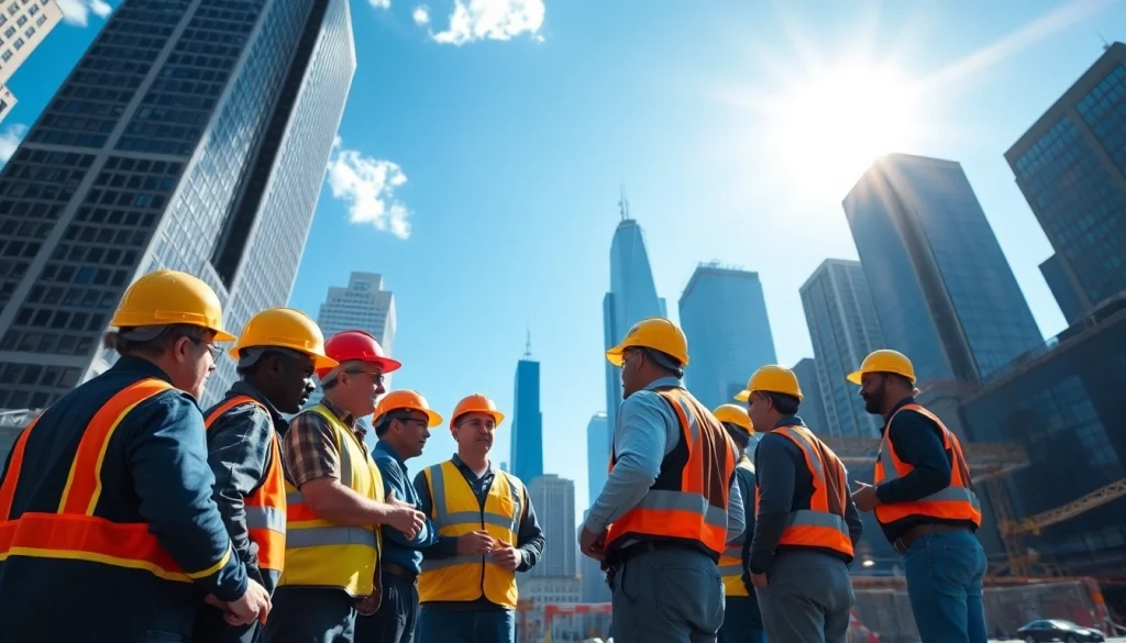 New York City General Contractor managing a diverse construction team on-site amidst the city skyline