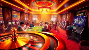 Experience the exhilarating atmosphere of Okfun’s casino with lively poker tables and vibrant slot machines.