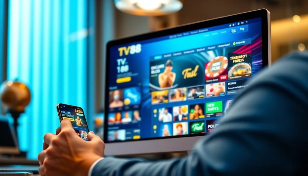 TV88 gambling platform showcasing user-friendly interface on desktop and mobile devices with vibrant game graphics.