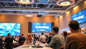 Engaged audience discussing Technology at a professional conference with modern gadgets and screens.