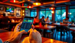 Engaged bettor using the best online sportsbooks India on a smartphone in a lively cafe.