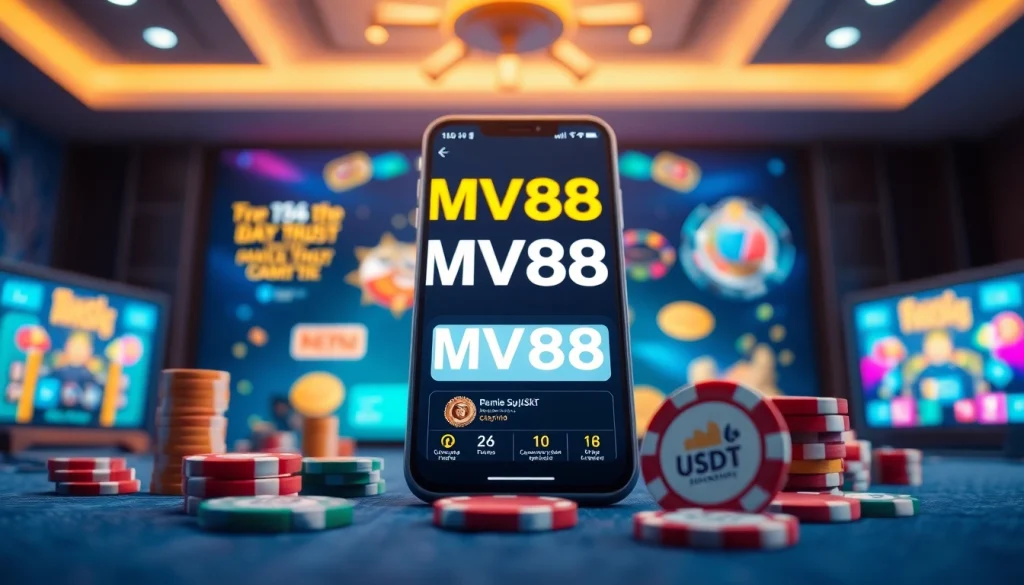 MV88 app interface on a smartphone showcasing vibrant promotions and user engagement in a secure gambling environment.