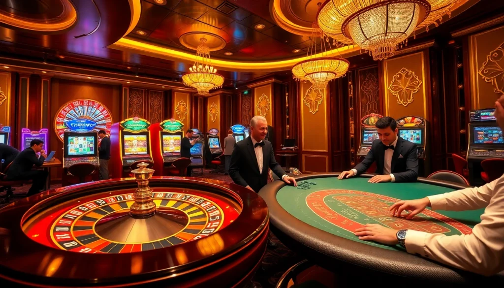 Capturing excitement in a well-lit casino with roulette and slot machines, highlighted by 789win13 action.