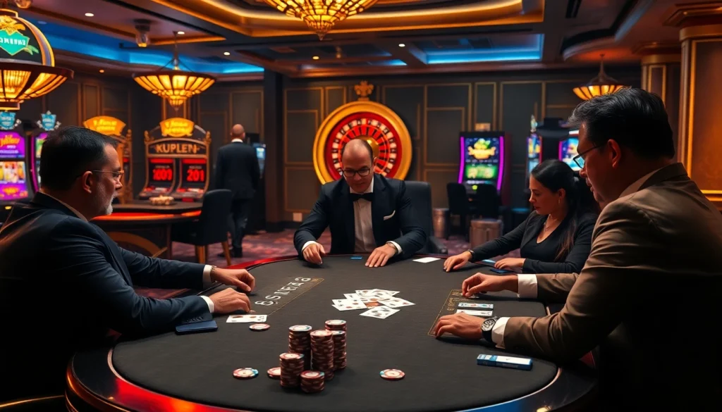 Engaged players at a kuwin casino poker table, focused on high-stakes gameplay.