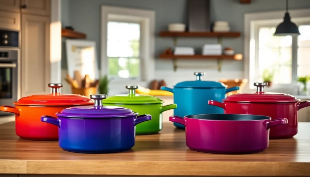 Find where to buy Le Creuset in NZ along with vibrant cookware displayed in a professional kitchen.
