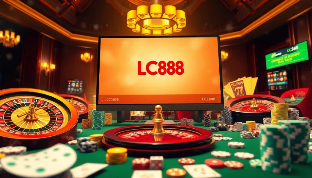 lc88 đăng nhập in a vibrant casino setting with roulette wheels, poker chips, and online gaming interface.
