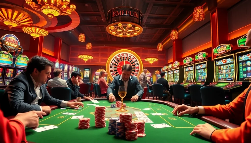 Players magrehistro at the casino, engaging with poker chips and vibrant slot machines in excitement.