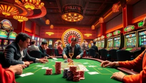 Players magrehistro at the casino, engaging with poker chips and vibrant slot machines in excitement.