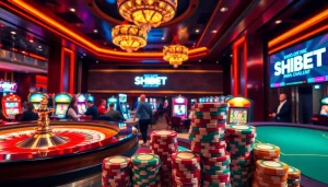 SHBET players engaging at a vibrant casino table amidst a thrilling gambling atmosphere.